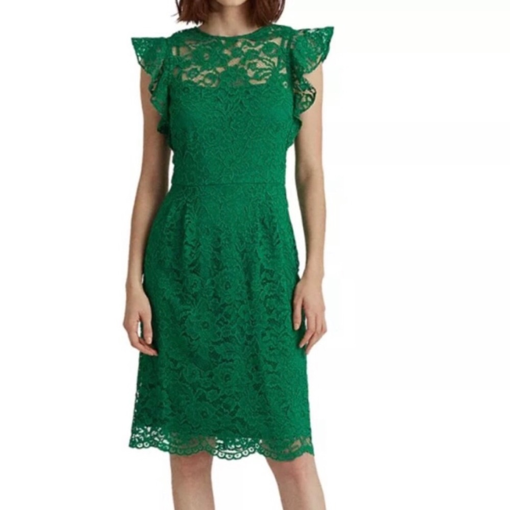 NWT Ralph Lauren green Flutter-Sleeve Lace Dress